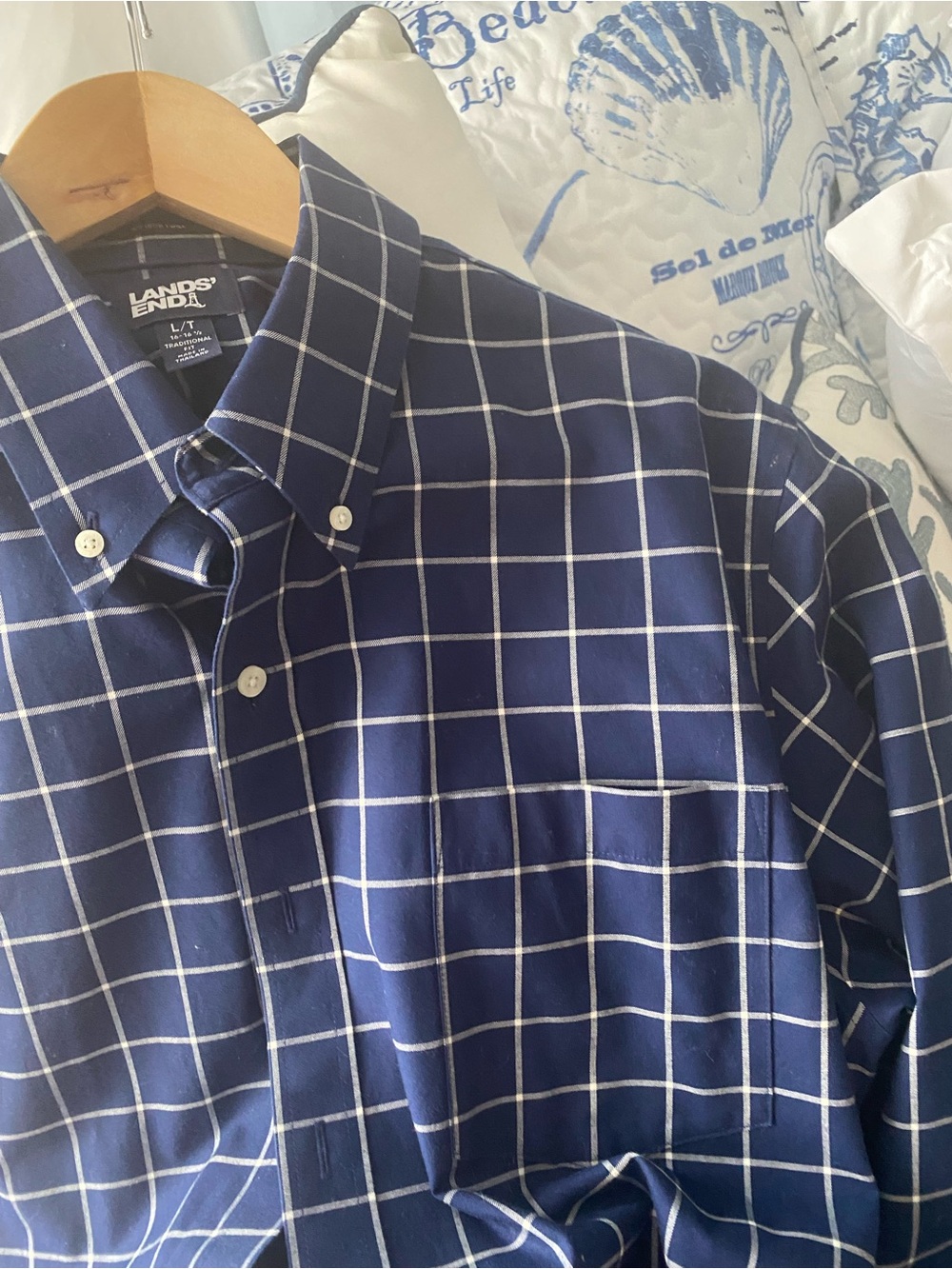 Lands' End Navy Windowpane Button-Down Shirt with White Grid